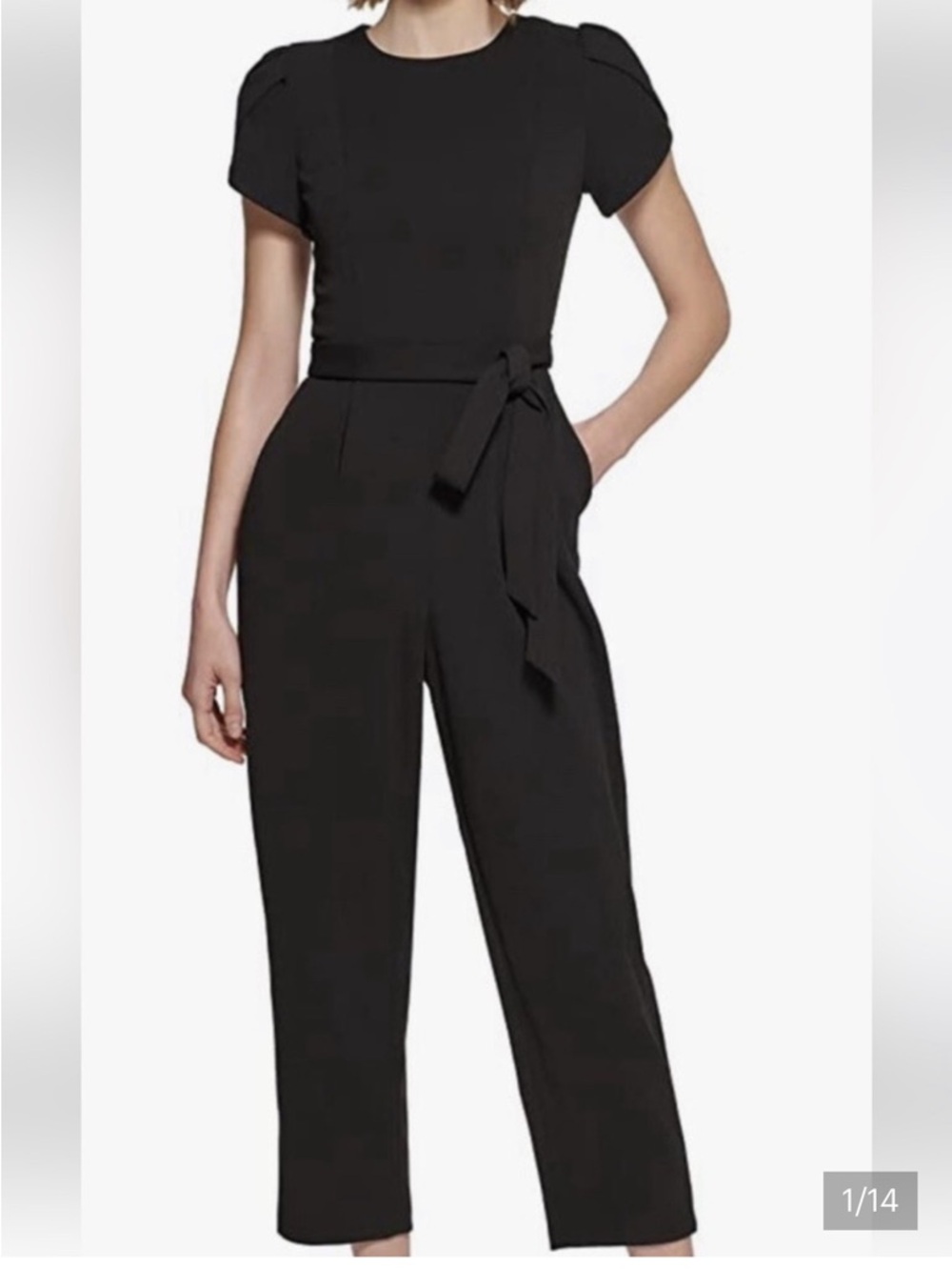 Calvin Klein Black Short-Sleeve Belted Jumpsuit Size 14